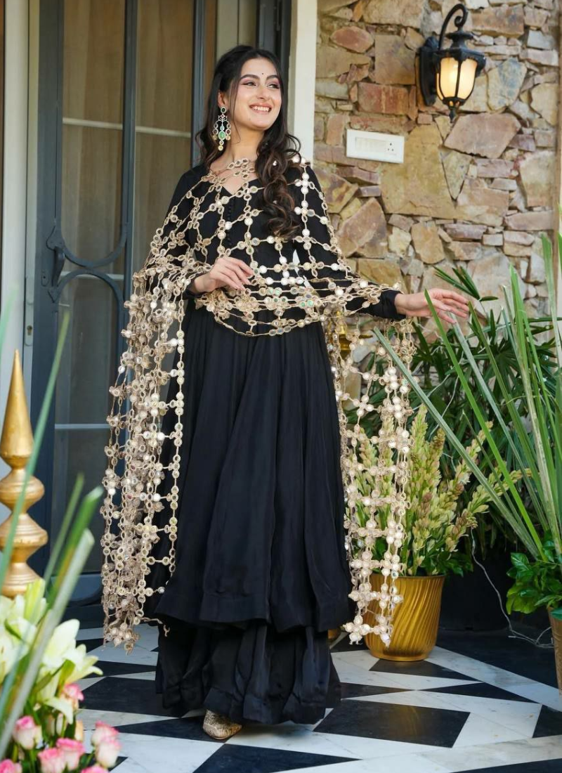 Roman Silk Anarkali Gown with Palazzo + Real Mirror Dupatta (Black)
