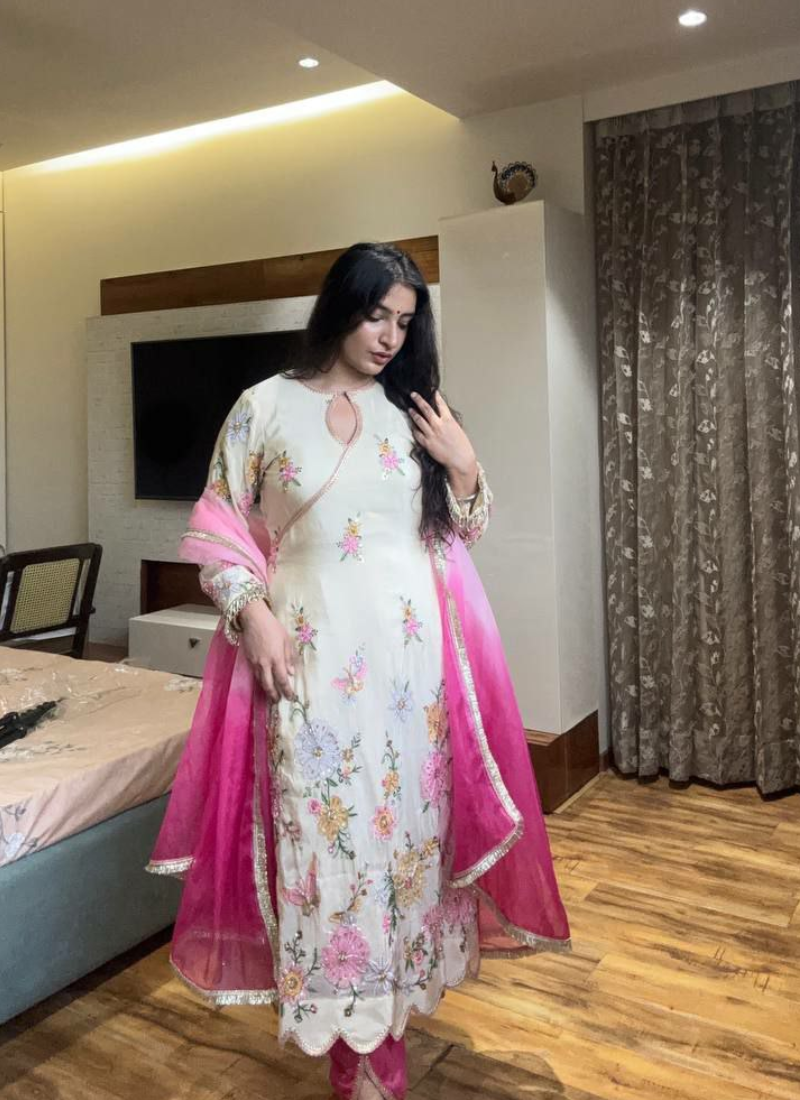 Churidar Suit in Chinon with Sequins Embroidery + Printed Organza Dupatta