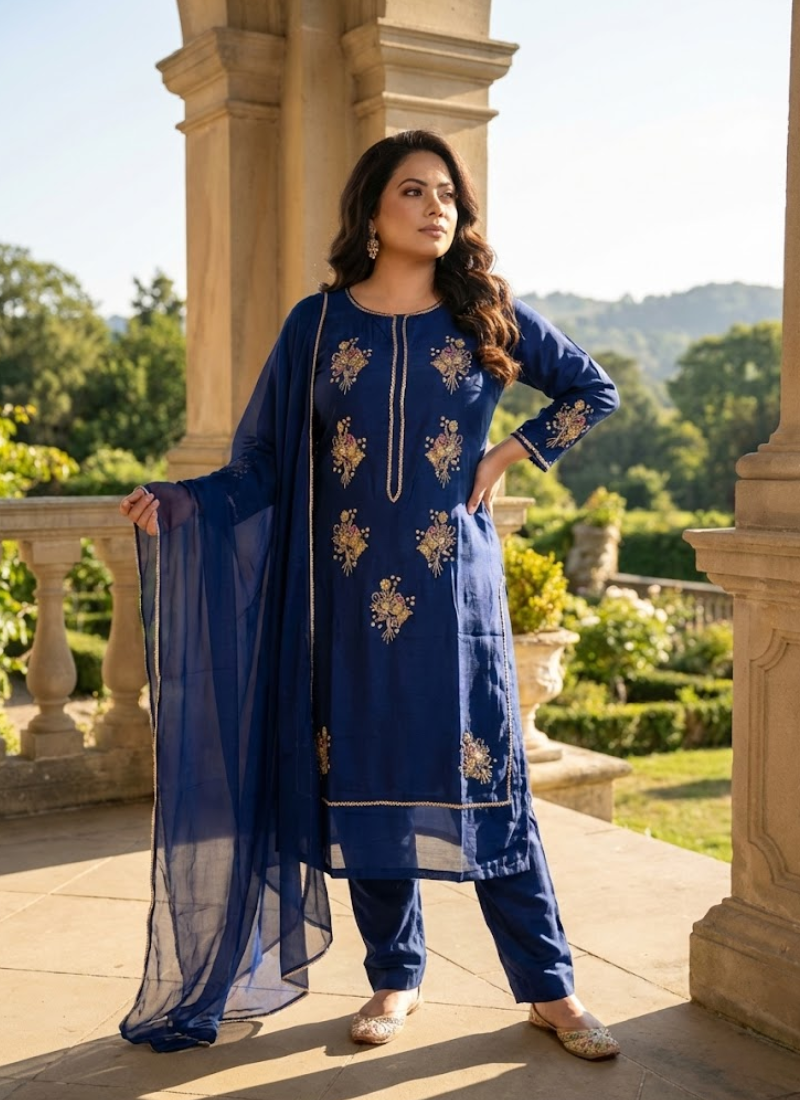 Elegant Indian salwar kameez in navy blue silk fabric, handcrafted embroidery with zari and sequence.
