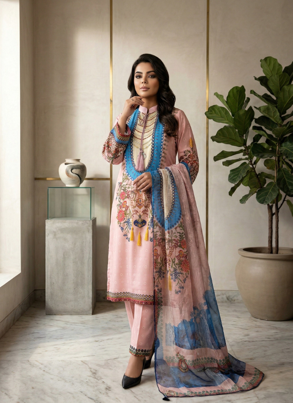 Mint Pink Crape Salwar Suit with Pearl &amp; Stone Work