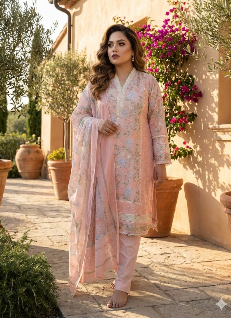 Light Peach Pink Chiffon Salwar Kameez with Embroidery