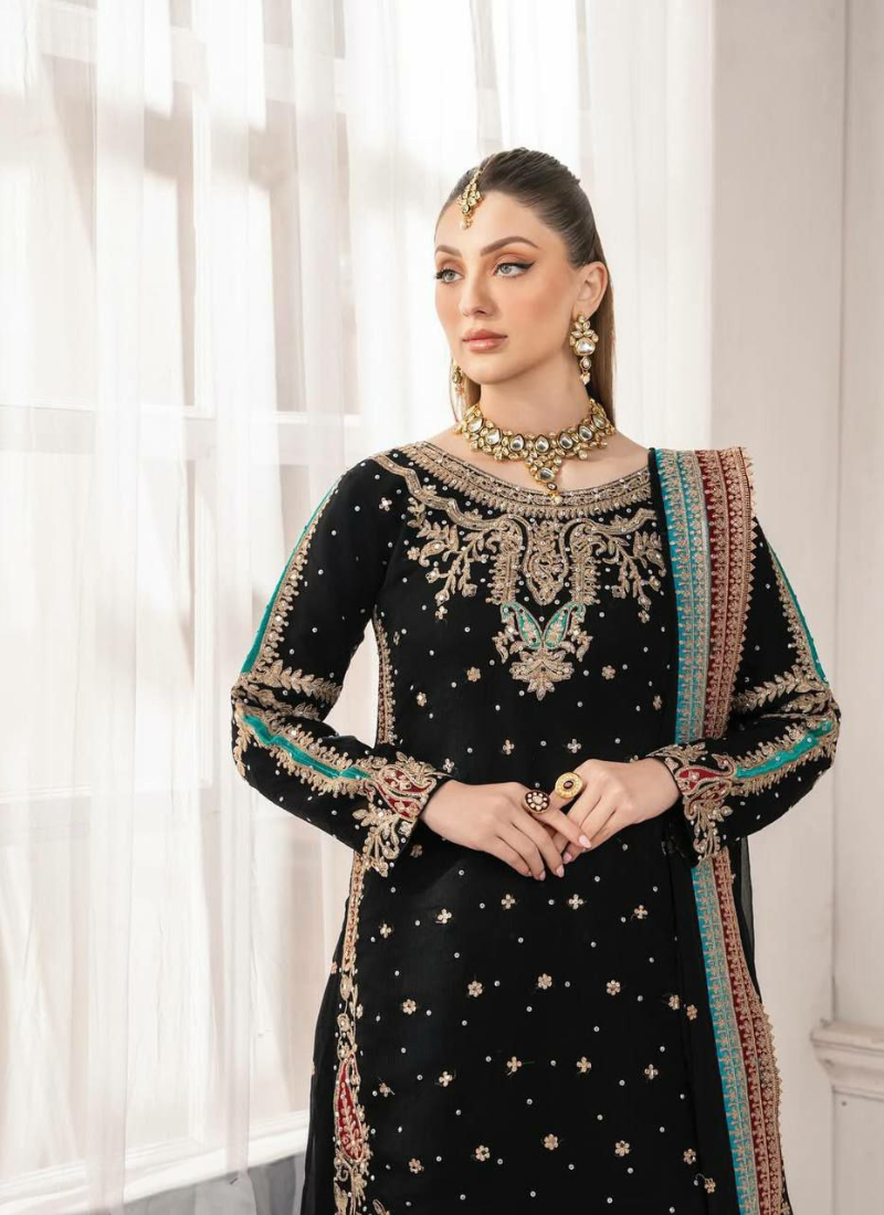 Black Georgette Shalwar Kameez with Sequins & Pearl Mirror Work + Dupatta