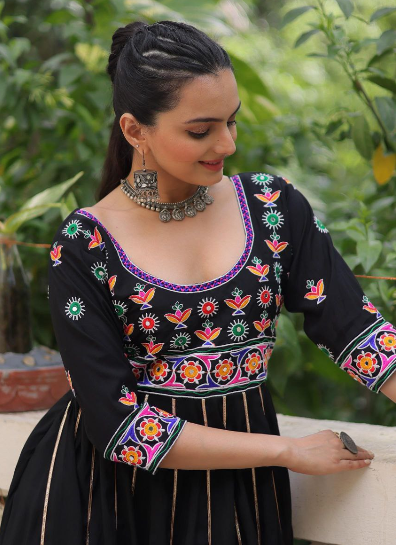 Roman Fabric Anarkali Dress with Multicolour Thread & Gota Lace Work