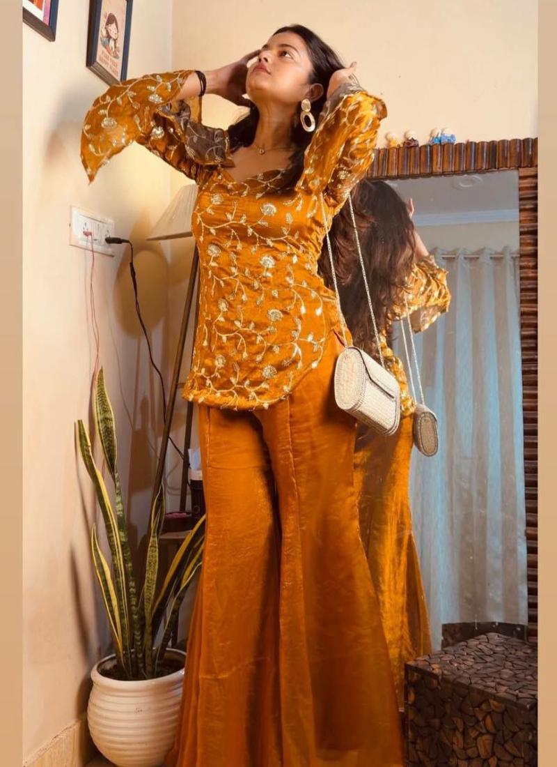 NC Moss Sharara Suit with Sequins Embroidery (Kurti + Palazzo)