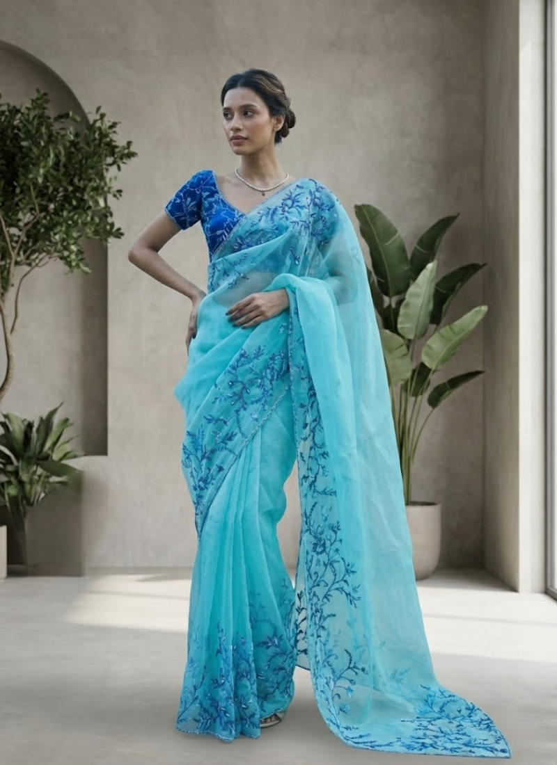 Aqua Blue Silk Saree with Floral Print, Beads & Katdana Handwork + Blouse Piece