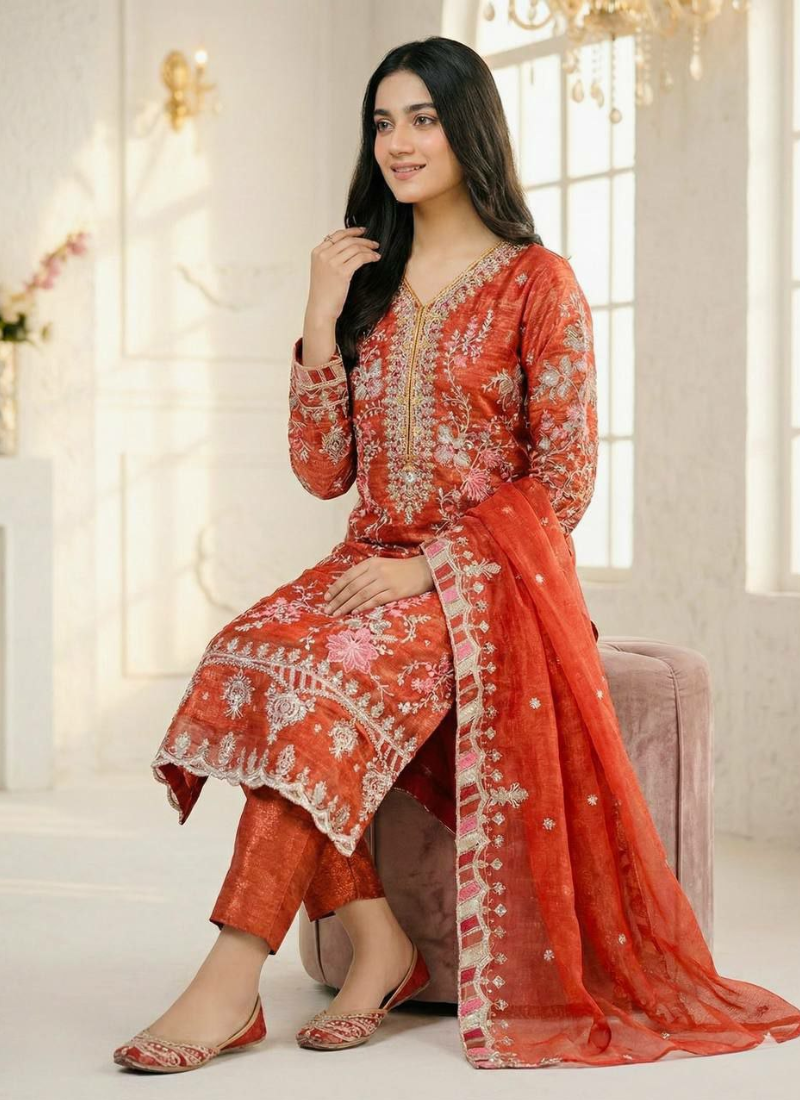 Crunchy Silk Punjabi Straight Suit with Heavy Embroidery + Dupatta