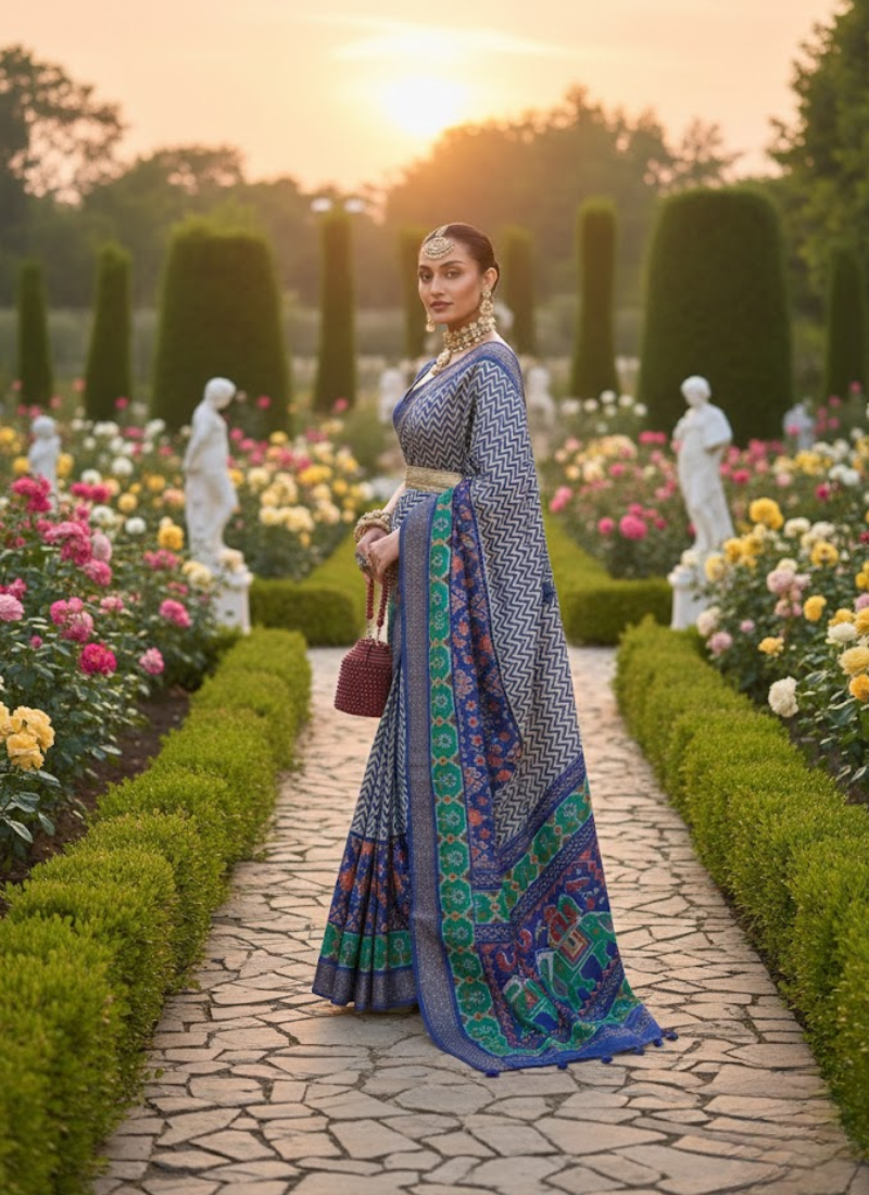 Blue-Green Patoka Saree – Silver Border & Elephant Pallu