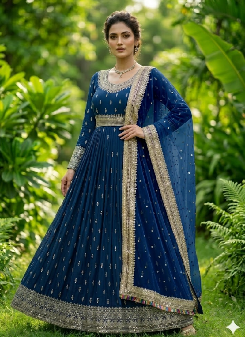 Heavy Chinon Silk Gown Set with Butterfly Net Dupatta