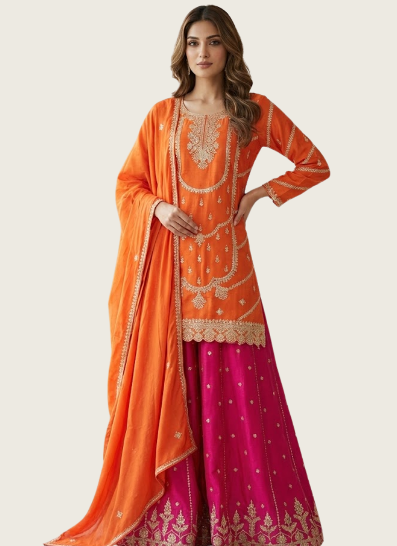 Sharara Suit in Chinon Silk with Thread & Sequins Embroidery + Dupatta