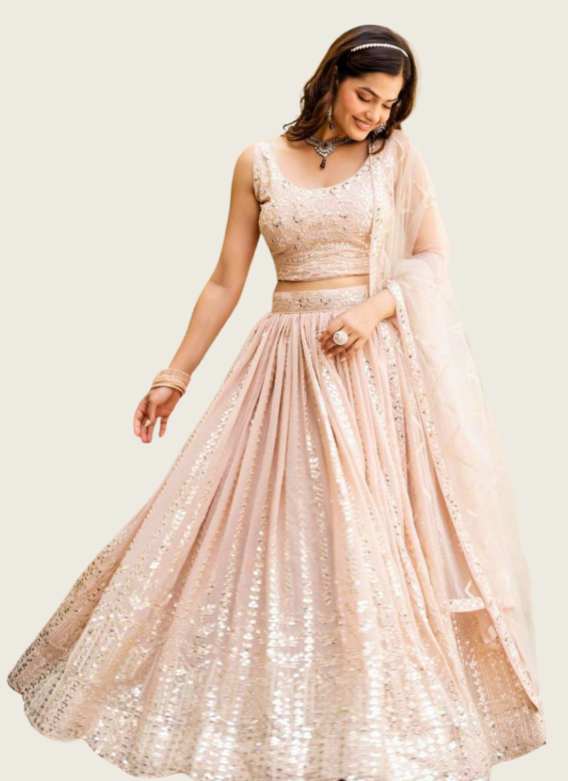 Faux Georgette Bridesmaid Lehenga Choli with Zari & Sequins Embroidery + Net Dupatta