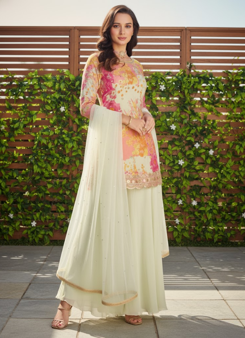 Chinon Silk Embroidered Palazzo Suit with Net Dupatta - View 2