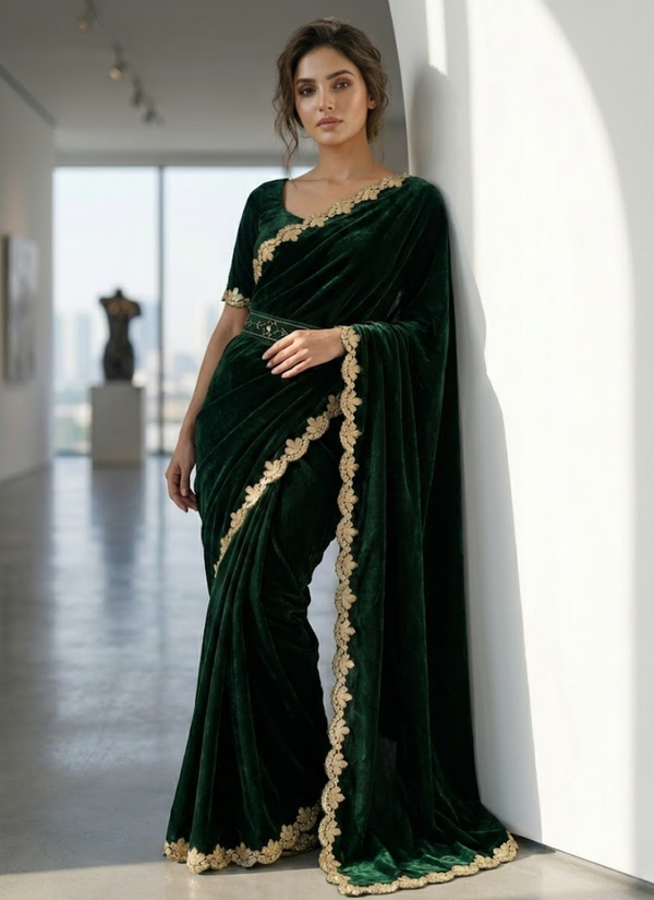 Forest Green Silk Saree in Velvet with Sequins Butti Embroidery, Cutwork & Belt + Blouse Australia