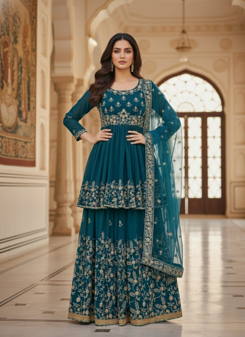 Sea Green Georgette Gharara with Embroidered Net Dupatta