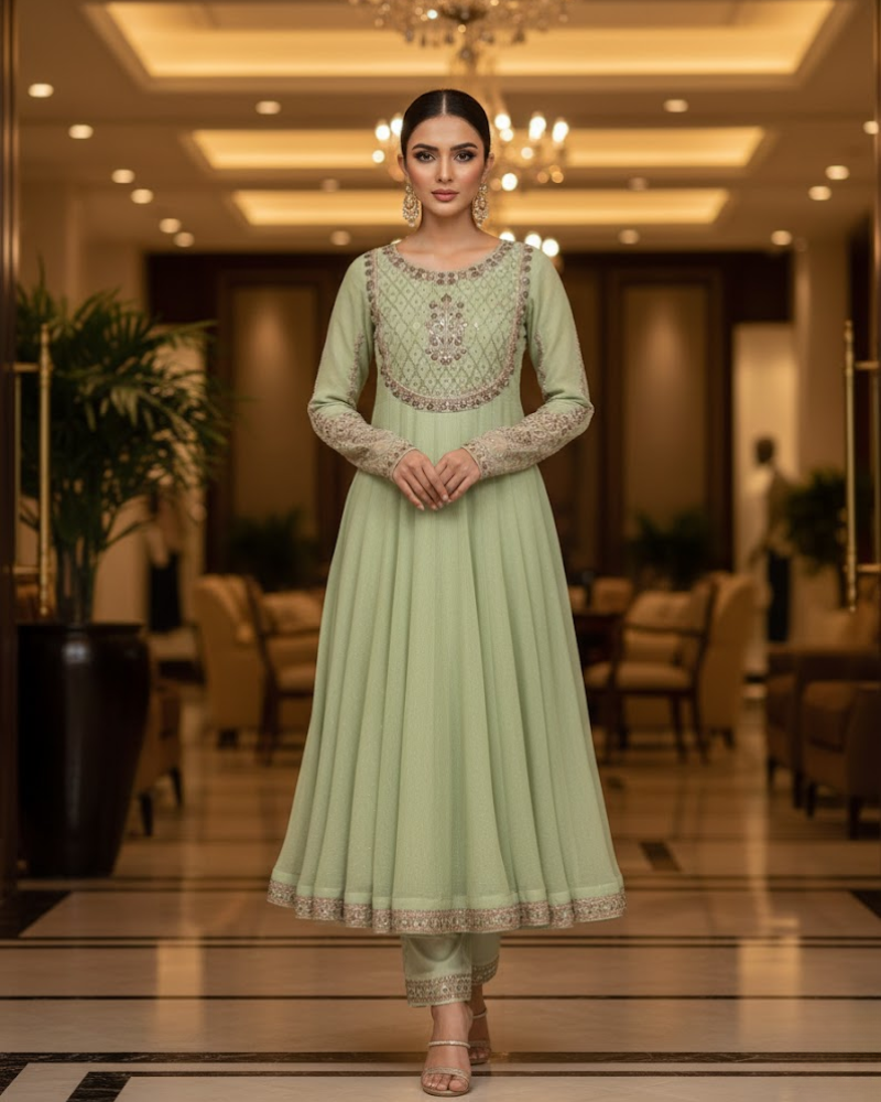 Pista Green Anarkoli Dress – Embroidered Chiffon with Silk Dupatta