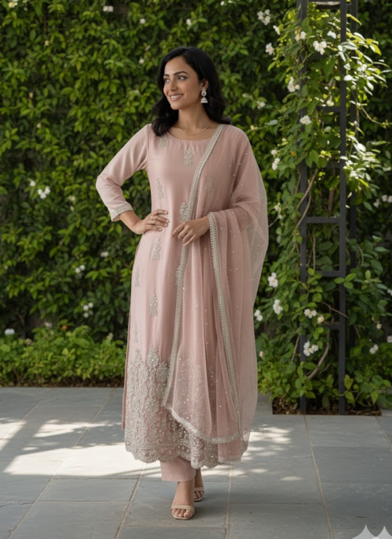 Glass Silk Salwar Suit with Sequins &amp; Chiffon Dupatta