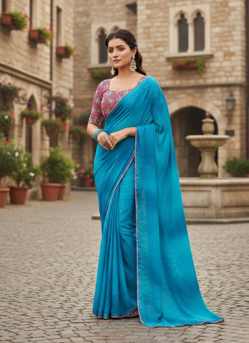 Blue Chiffon Saree with Stitched Floral Blouse