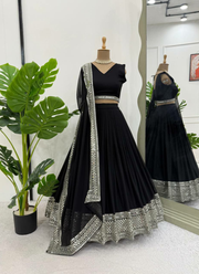 Faux Georgette Cocktail Lehenga Choli with Thread & Sequins Embroidery + Lace Dupatta 5