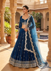 Royal Blue Faux Georgette Lehenga Choli with Thread & Sequins Embroidery + Net Dupatta 4