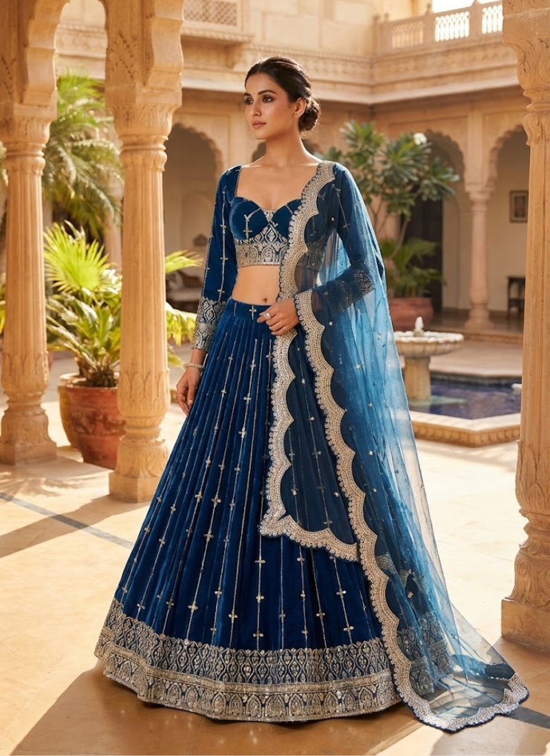 Royal Blue Faux Georgette Lehenga Choli with Thread & Sequins Embroidery + Net Dupatta