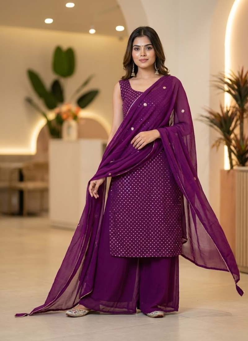 Georgette Sharara/Gharara Salwar Suit with Embroidery & Dupatta