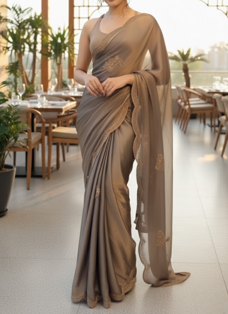 Grey Two-Tone Chiffon Tissue Saree – Crystal Work Panel with Running Blouse