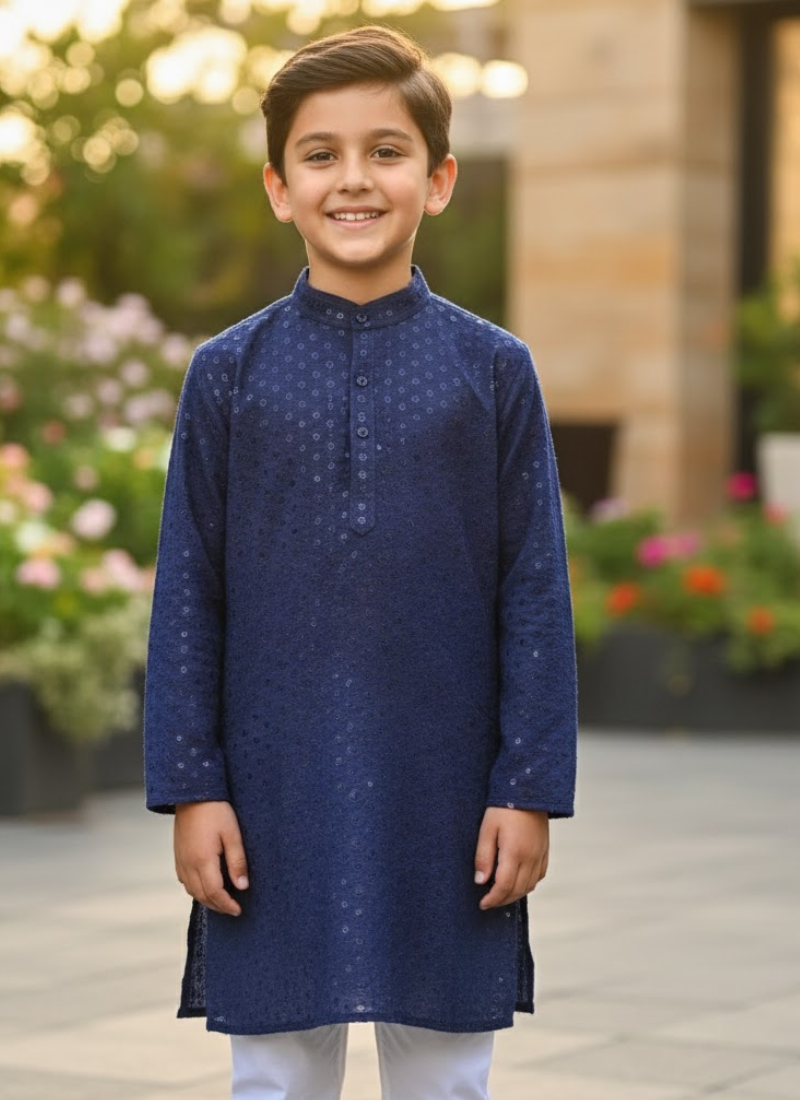 Navy Blue Kids Kurta Pajama – Festive Silk Kurta with Cotton Pyjama