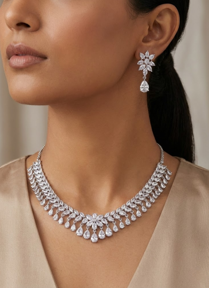Diamond Cut Necklace & Earring Set with Premium Stone Setting