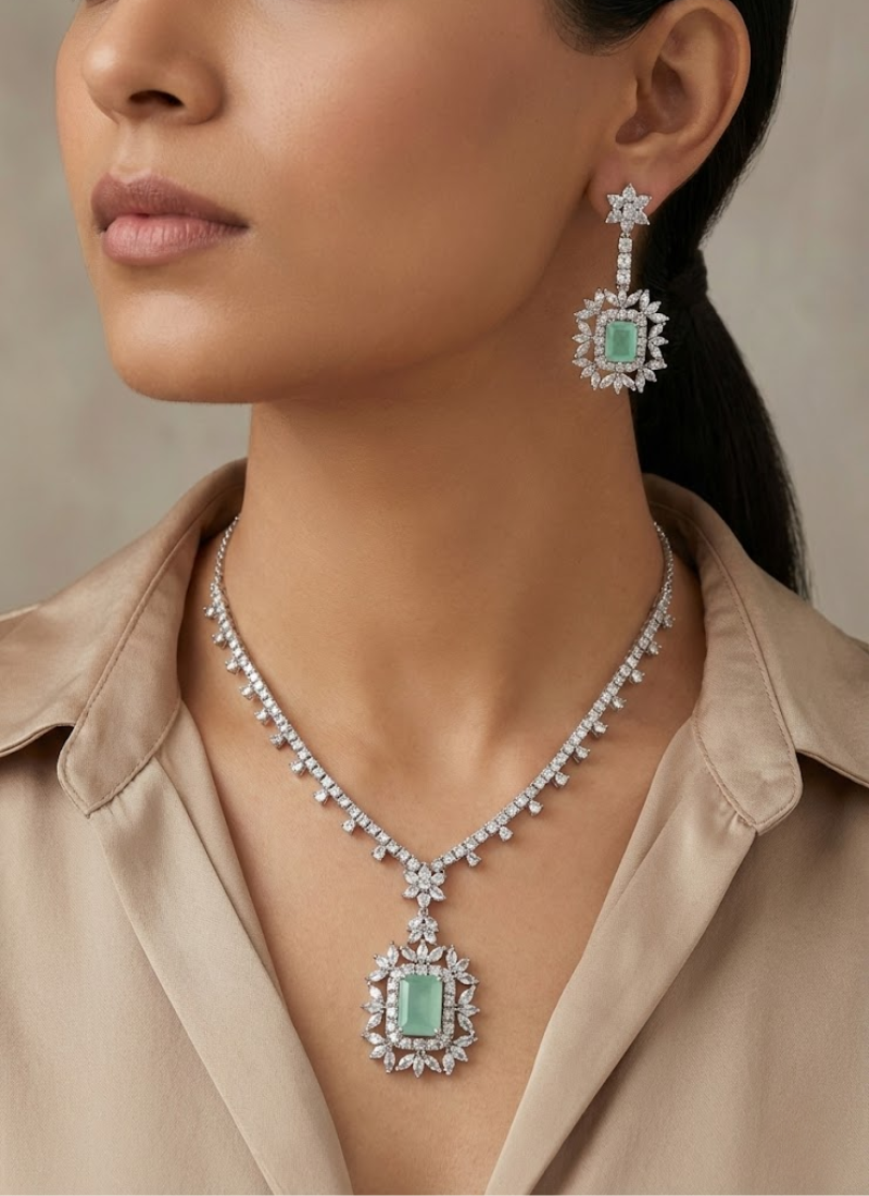 Diamond Cut Necklace & Earring Set with Blue Stone Setting