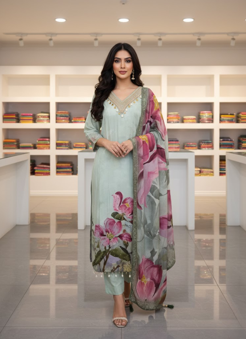 Light Purple Salwar Kameez with Embroidery & Printed Dupatta