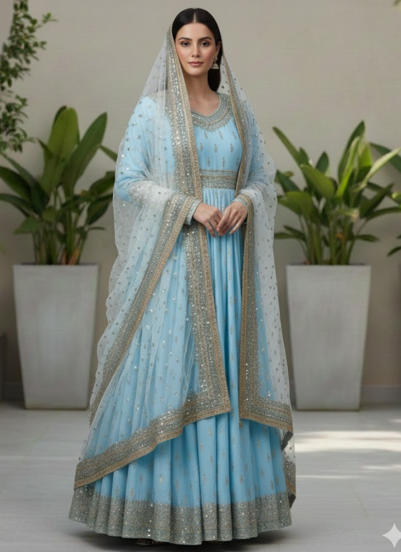 Chinon Silk Embroidered Gown Set with Tassel Sleeves