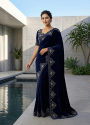 Silk Saree in Pure Velvet with Embroidery Border & Blouse Piece 4