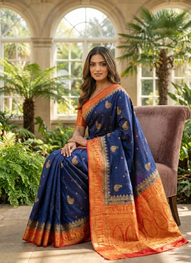 Baluchuri Silk Saree – Navy Blue & Red Border With blouse Piece