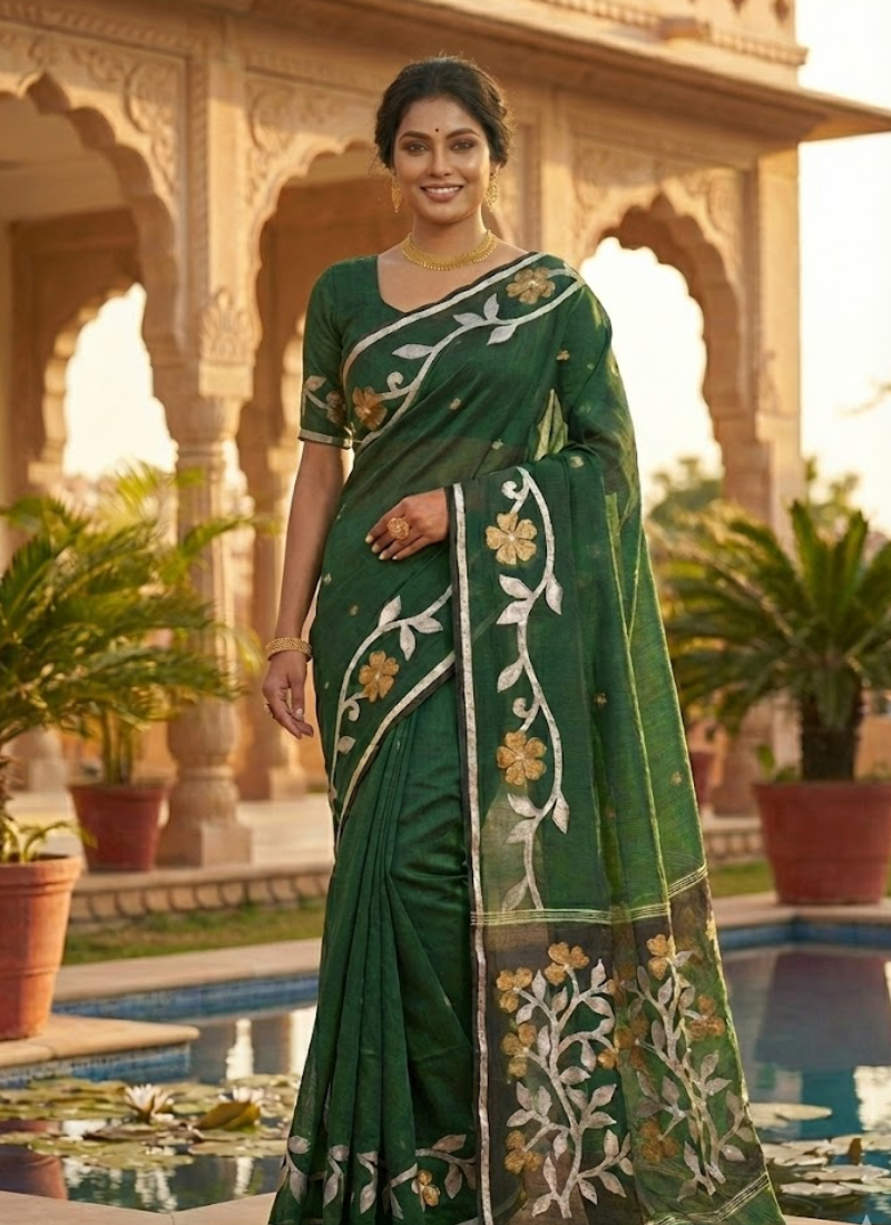 Bottle Green Tantuz Saree in Mixed Maslin Fabric