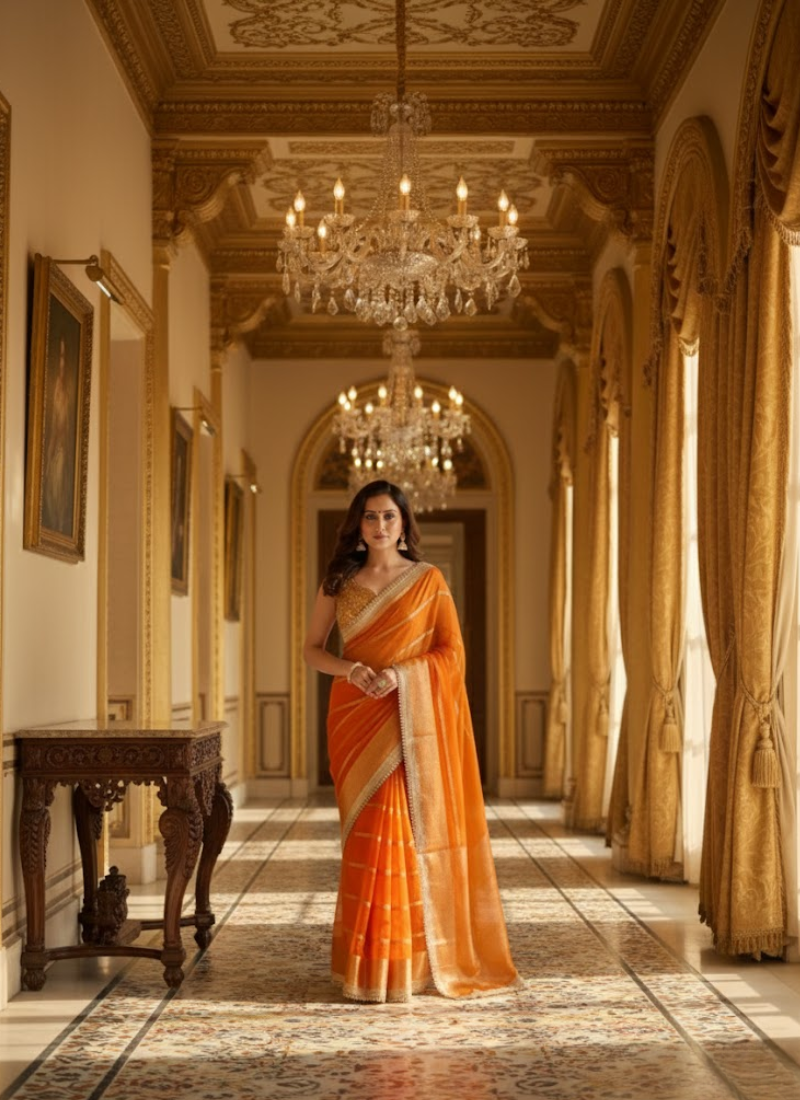 Banarasi Organza Saree with Blouse – Fanta Orange