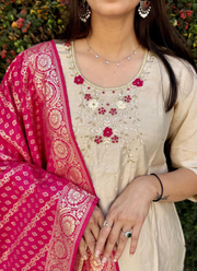 Cream Roman Silk Punjabi Suit with Handwork & Jacquard Dupatta 4
