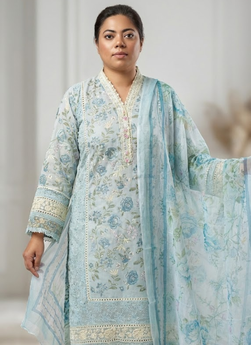 Women’s chiffon salwar kameez with satin salwar, embroidered sleeves, georgette dupatta, and festive detailing.