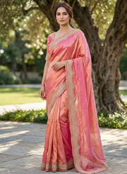 Fendy Satin Silk Saree – Gold Embroidery with Pearl Detailing & Matching Blouse 1