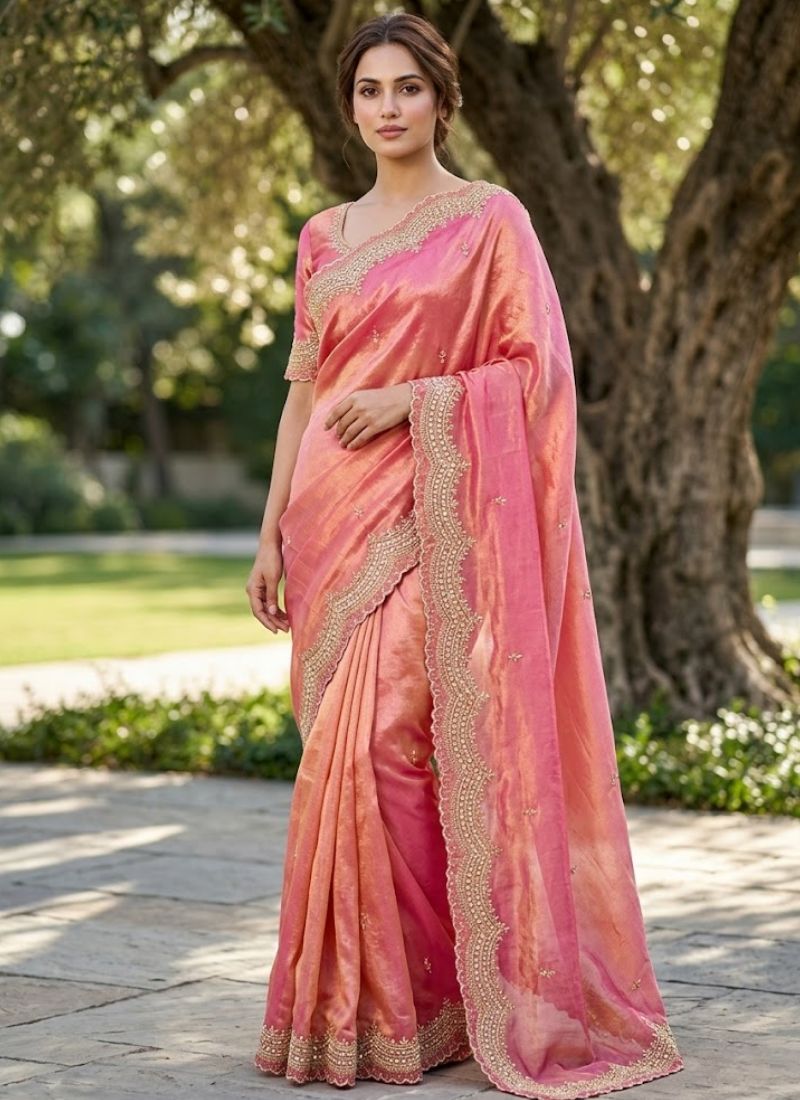 Fendy Satin Silk Saree – Gold Embroidery with Pearl Detailing & Matching Blouse, festive sarees Australia