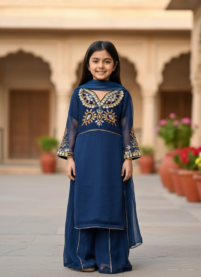 Teal Blue Chiffon Kids Sharara Suit – Festive Flair