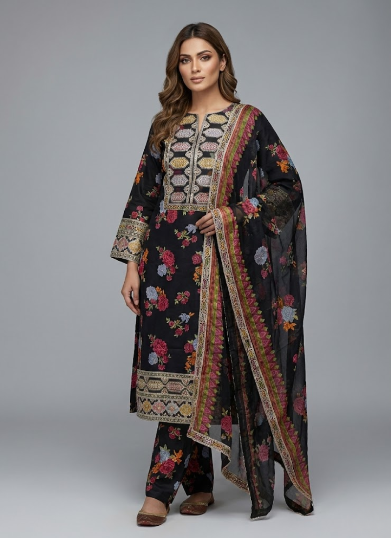 Elegant Pakistani salwar kameez in lawn cotton with chiffon dupatta and lace work on sleeves.