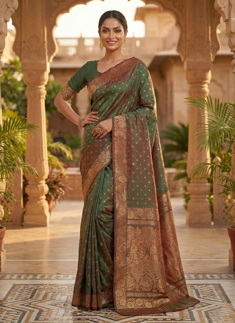 Green Katan Silk Saree with Zari and Blouse Piece