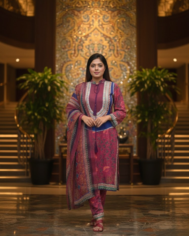 Pink Crepe Silk Salwar Suit – Stone Work & Floral Print