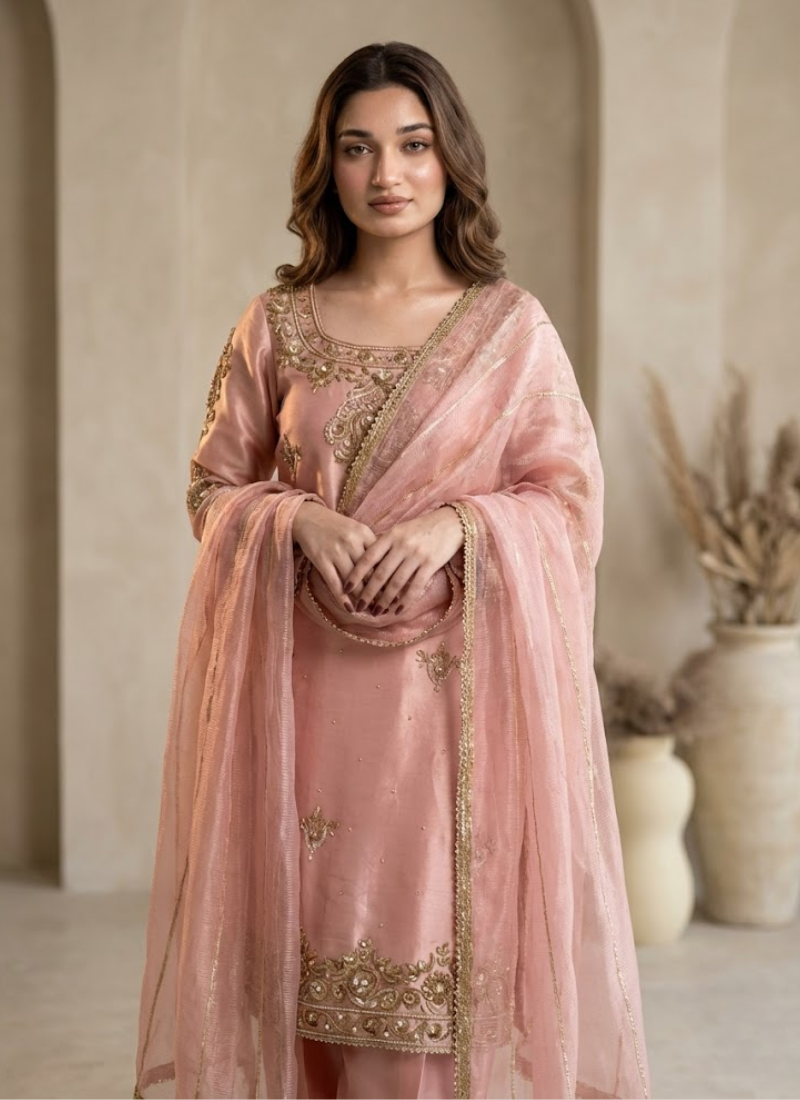 Natural Silk Palazzo Suit with Sequins & Pearl Moti Hand Work + Dupatta