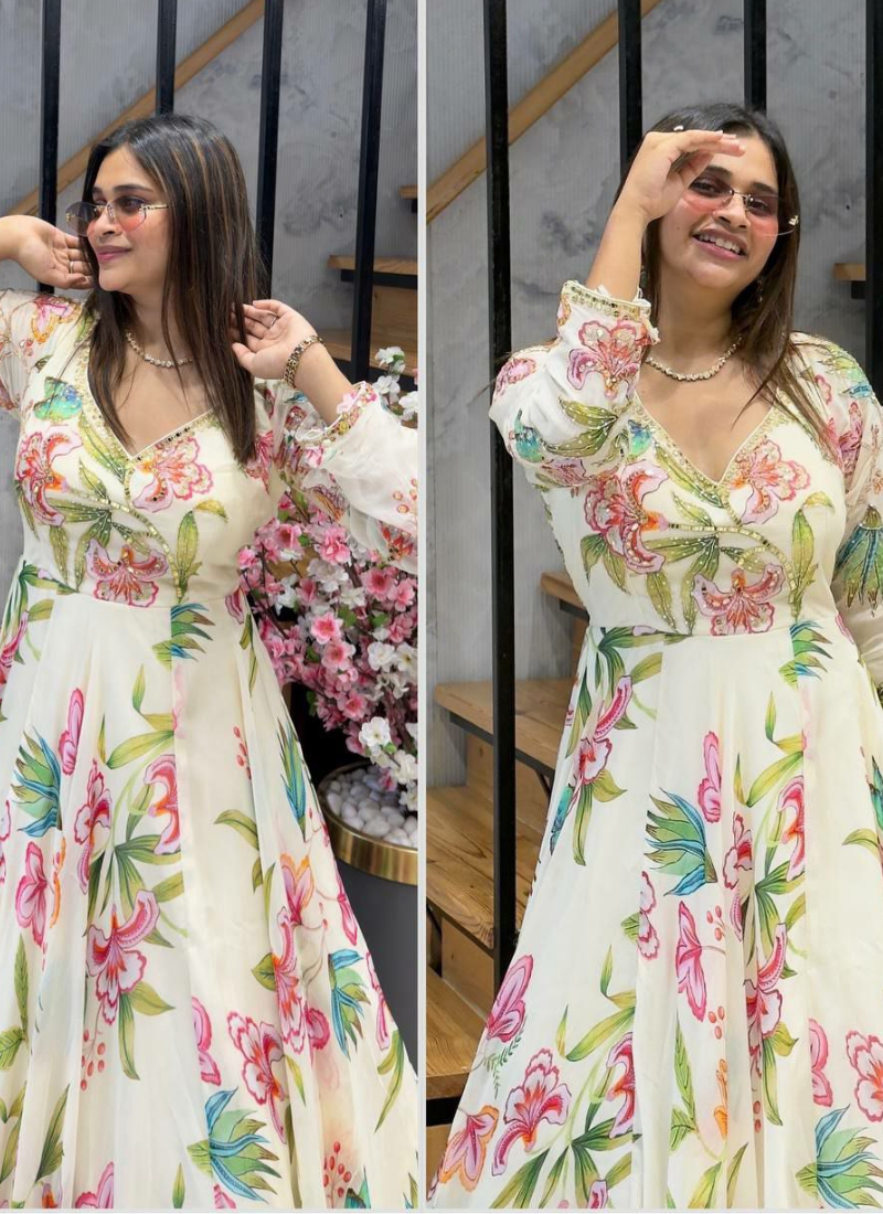 Heavy Georgette Gown Set with Mirror Work