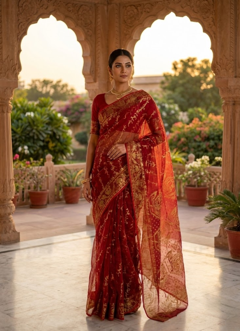 Dark Maroon Jamdani Saree with Mari Thread Work