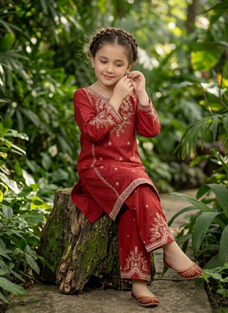 Girl’s 2‑Piece Embroidered Cotton Midi Shirt Set