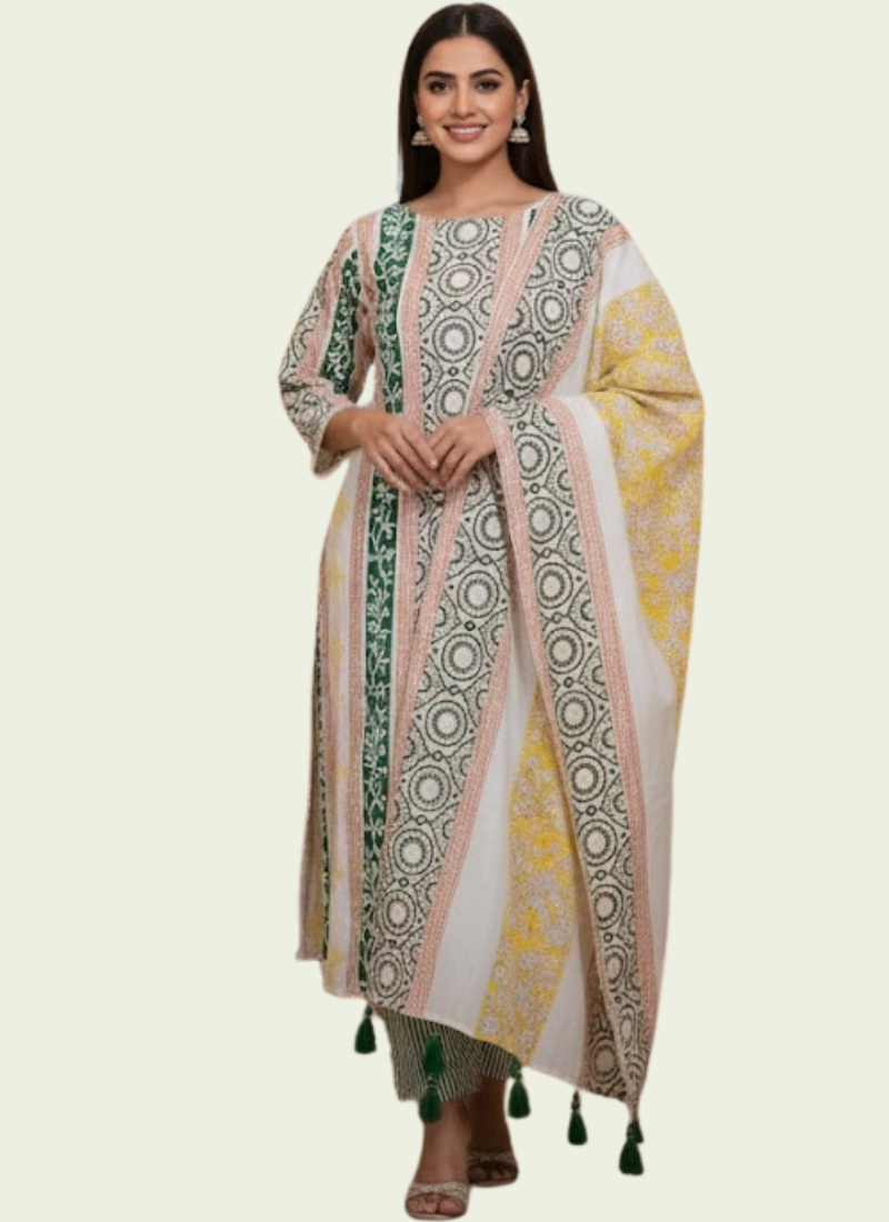 Cotton Block Printed Salwar Suit – White, Yellow & Green