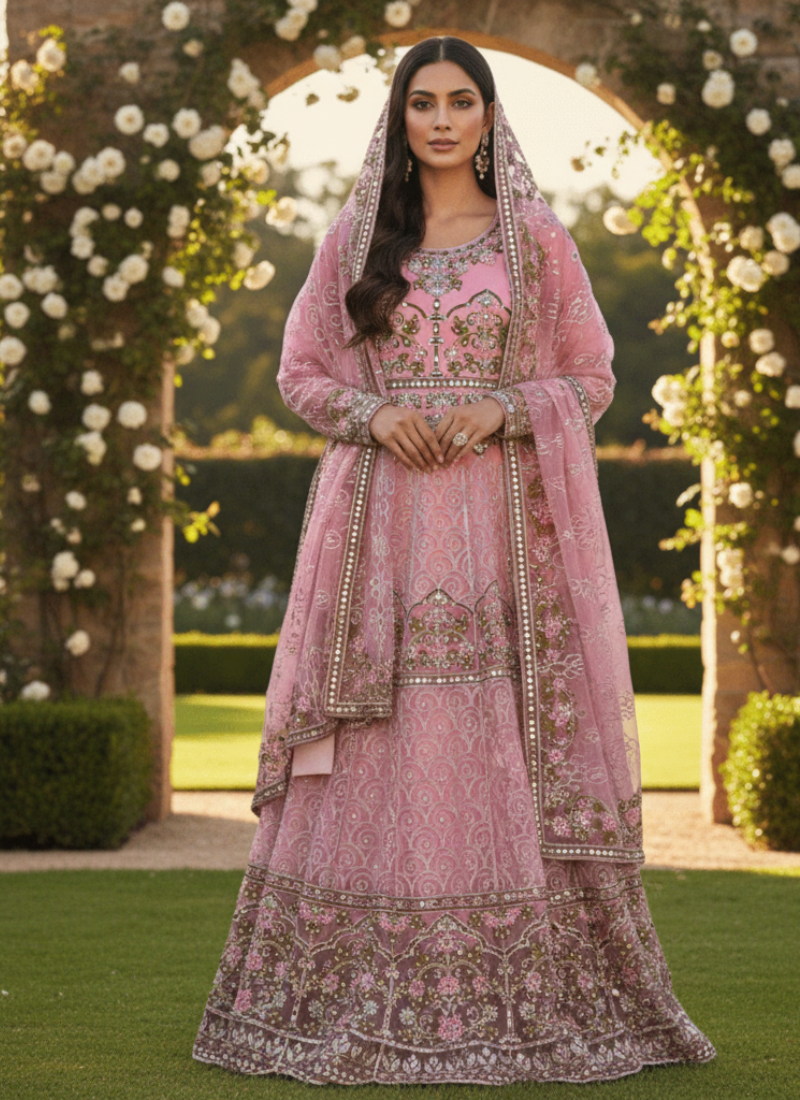 Pink Pakistani Anarkali Suit – Net Fabric with Embroidery