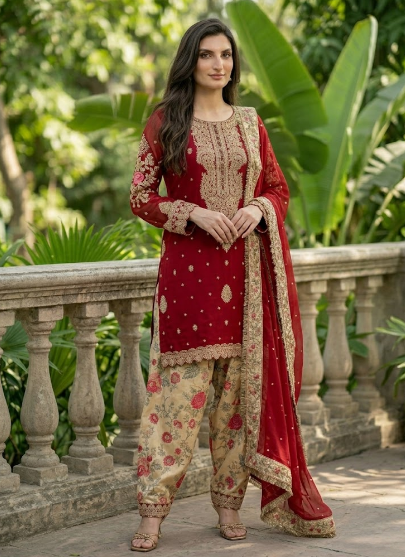 Georgette Patiyala Set with Mirror Embroidery