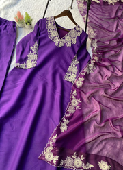 Punjabi Suit in Roman Silk with Embroidery Work + Organza Dupatta 4